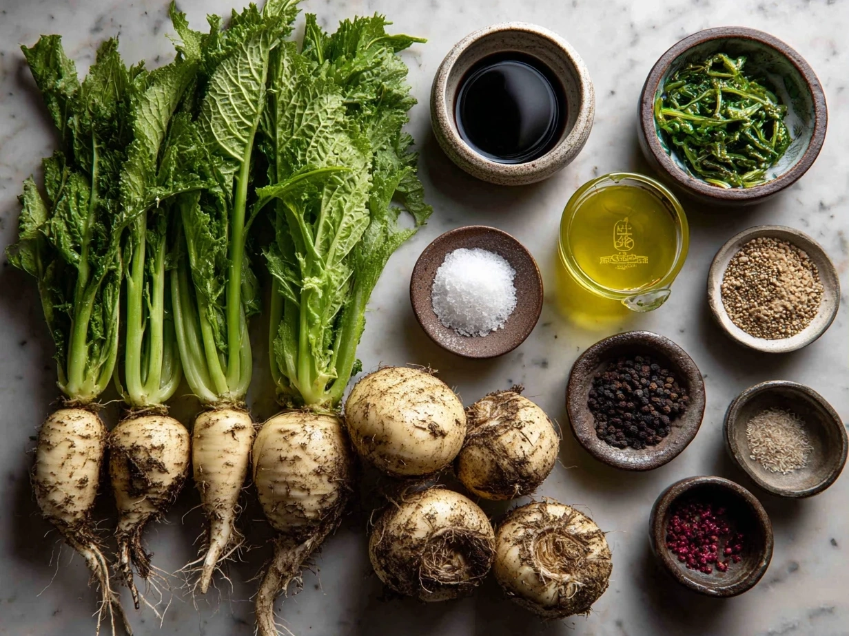 Top-down view of fresh turnip greens, smoked ham hock, onions, garlic, and chicken broth ingredients for Southern turnip greens recipe