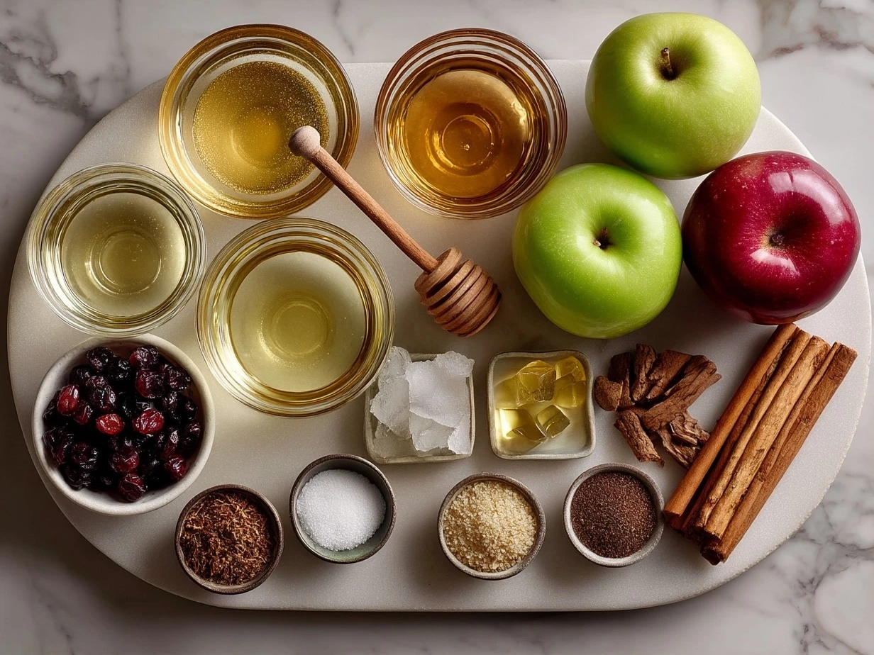 Top-down view of raw ingredients for Spiced Hot Apple Cider laid out on marble surface