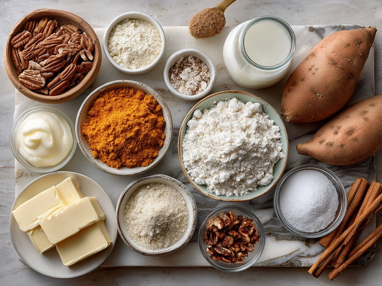 Ingredients for sweet potato casserole including sweet potatoes, brown sugar, butter, maple syrup, milk, eggs, spices, marshmallows, and nuts