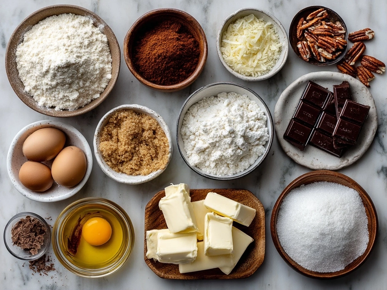 Top down view of raw ingredients for Toffee Crunch Cupcakes on marble surface