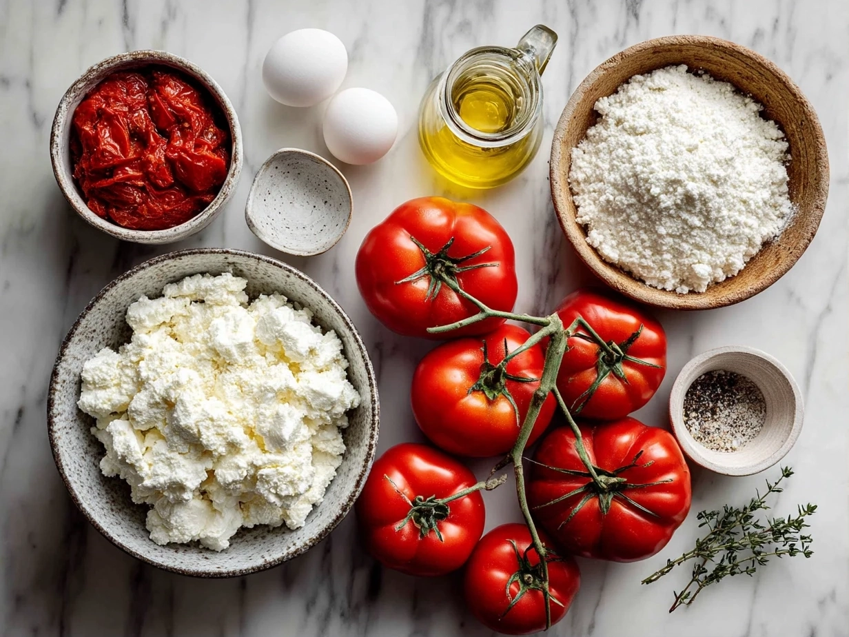 Top down view of ingredients for Roasted Tomato Ricotta Pasta laid out on a surface