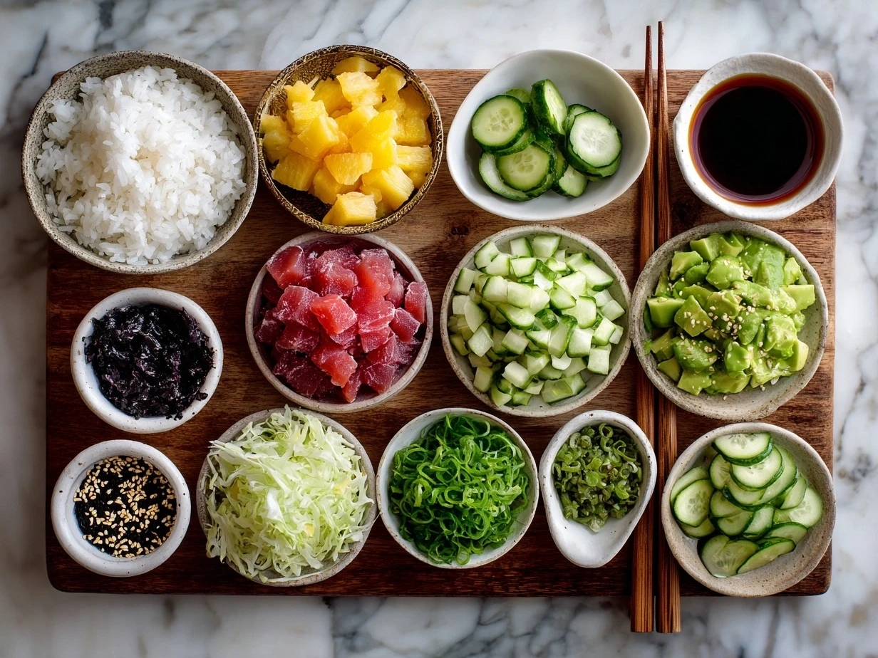 Top down view of ingredients for vegan poke bowl including tofu, cucumber, avocado, carrots, and sesame seeds