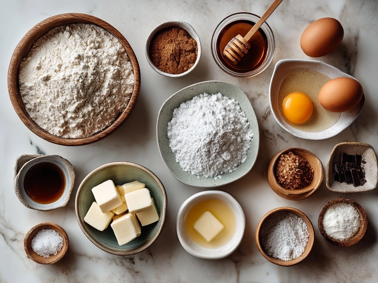 Top down view of raw ingredients for Belgian waffles on marble surface