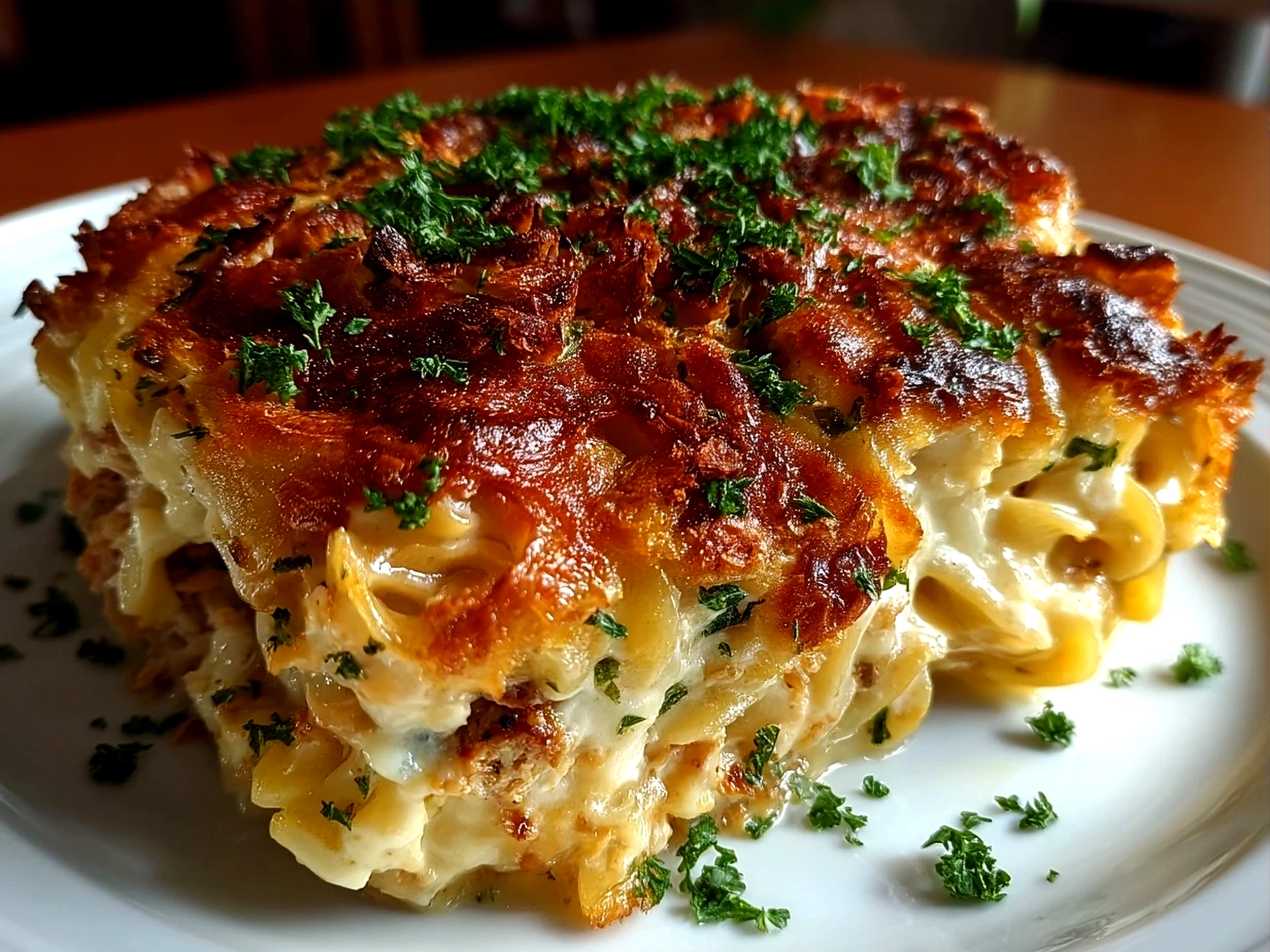 Golden baked Tuna Noodle Casserole served with fresh green beans on the side