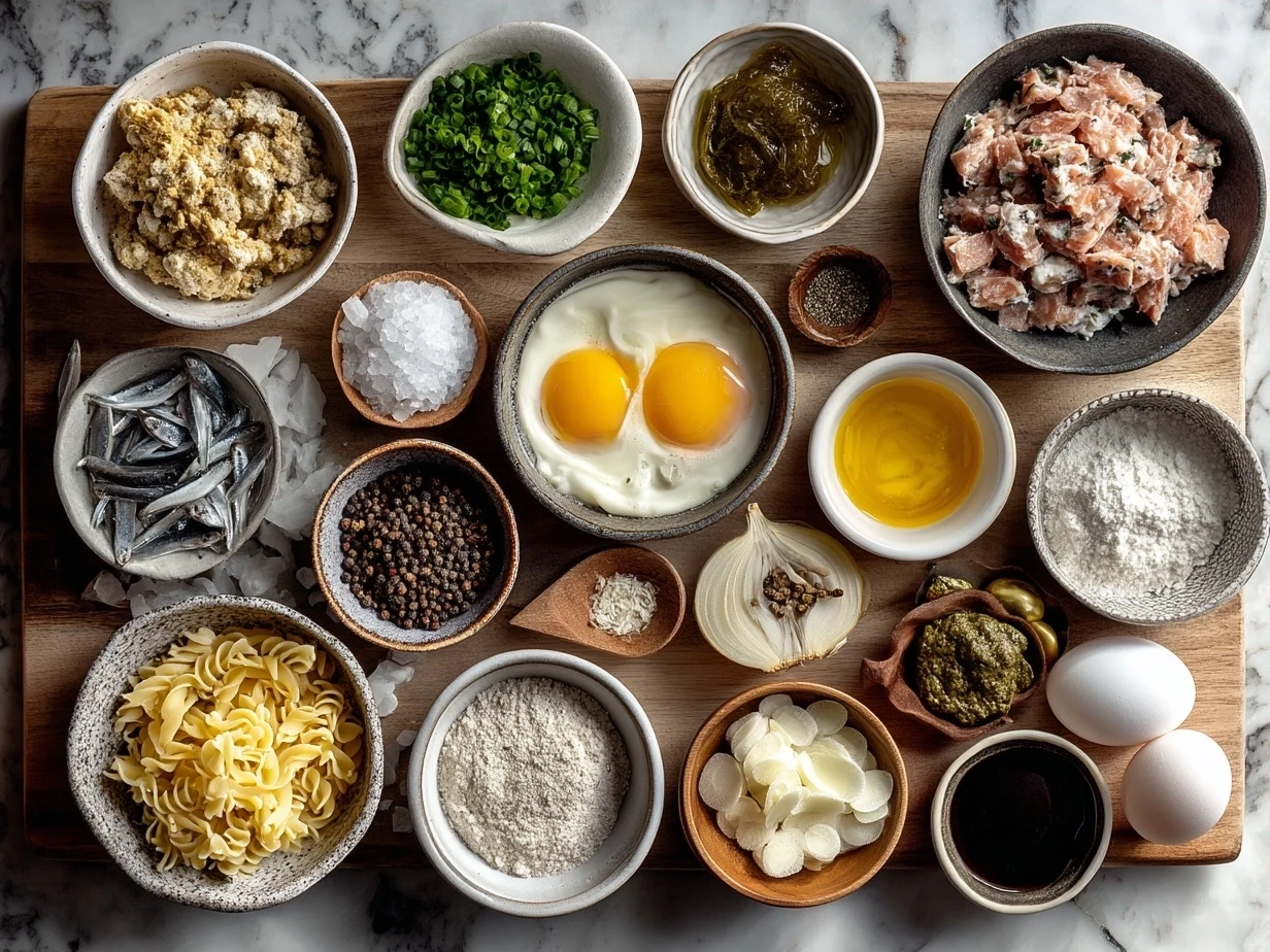 Ingredients for Tuna Noodle Casserole including egg noodles, tuna cans, cream of mushroom soup, frozen peas, cheddar cheese, milk, crispy fried onions, salt and pepper