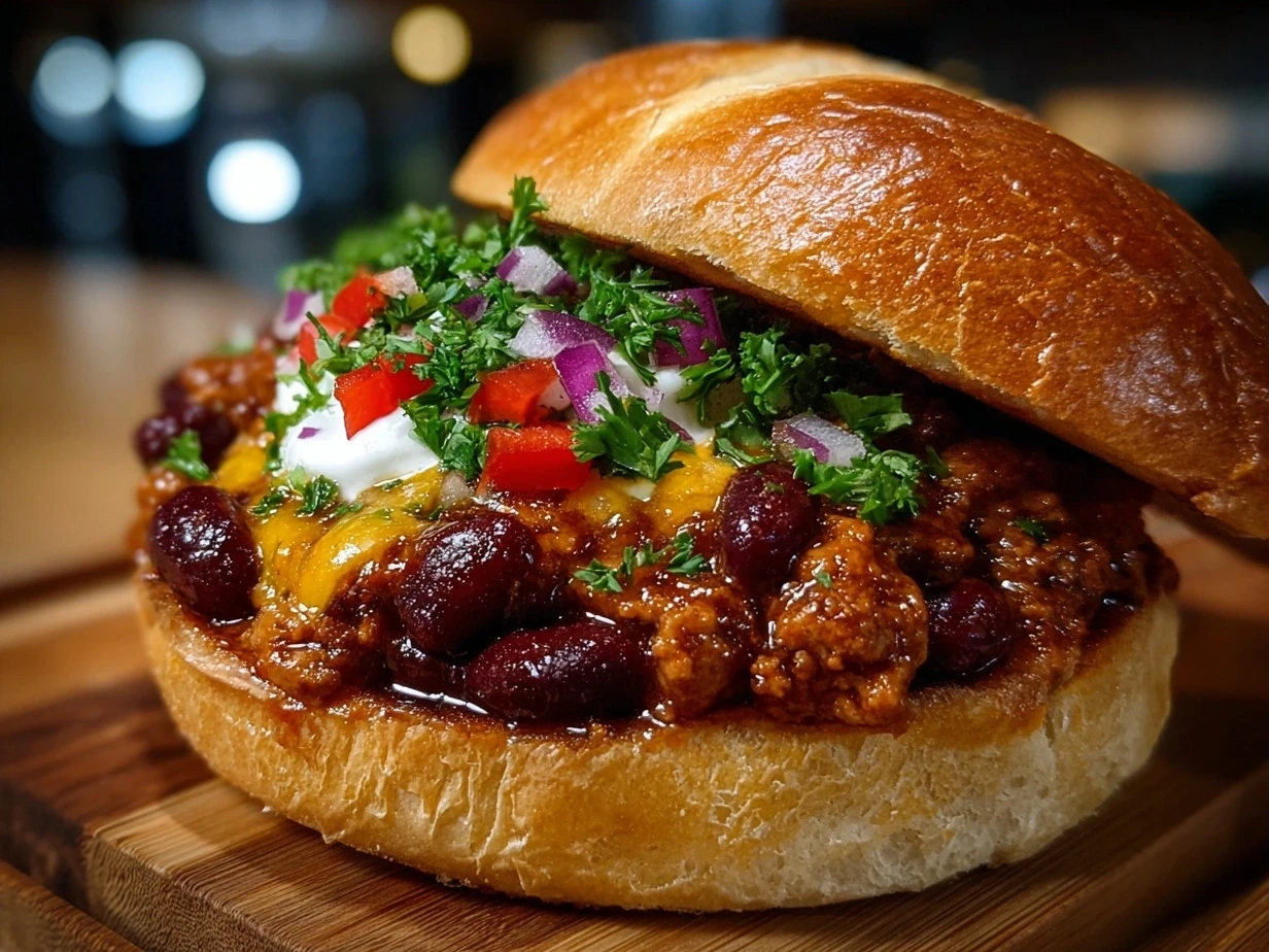 A bowl of hearty Turkey Burger Chili garnished with fresh herbs and a side of bread