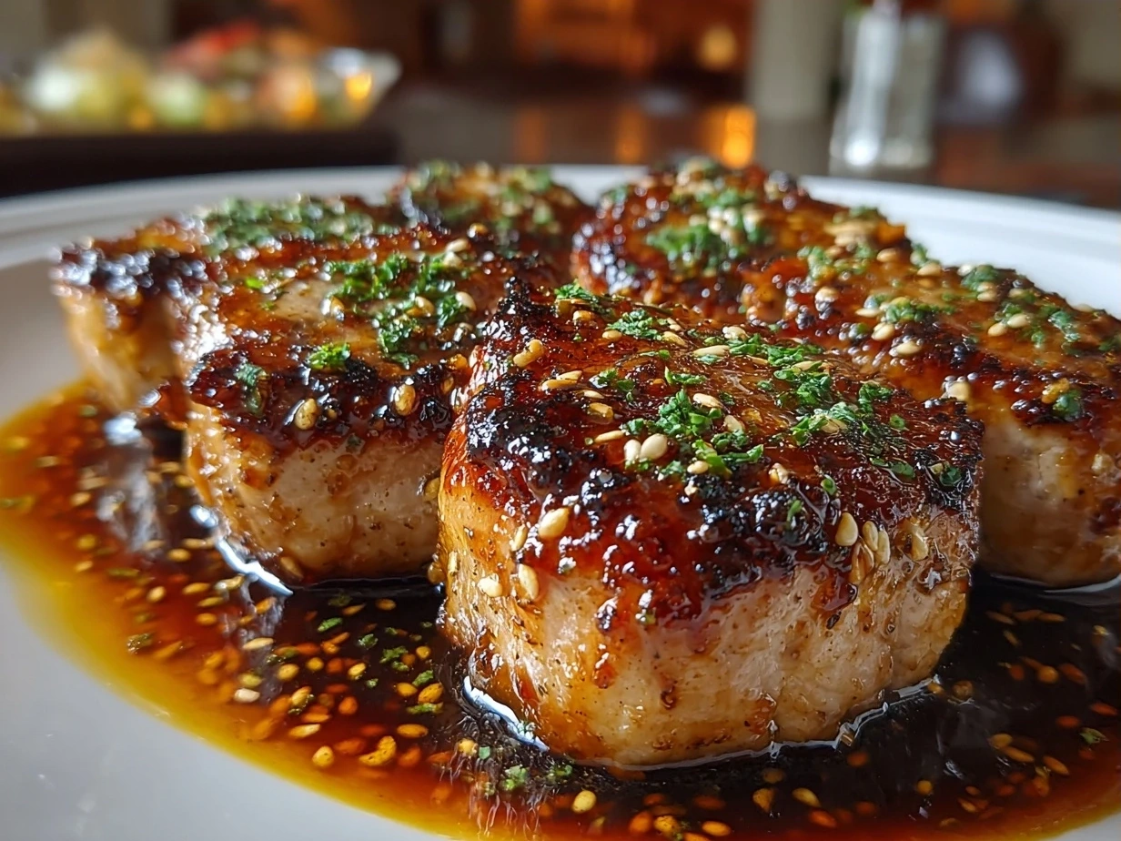 Finished Turkey Medallions with Orange Teriyaki Sauce served with garnish and sides