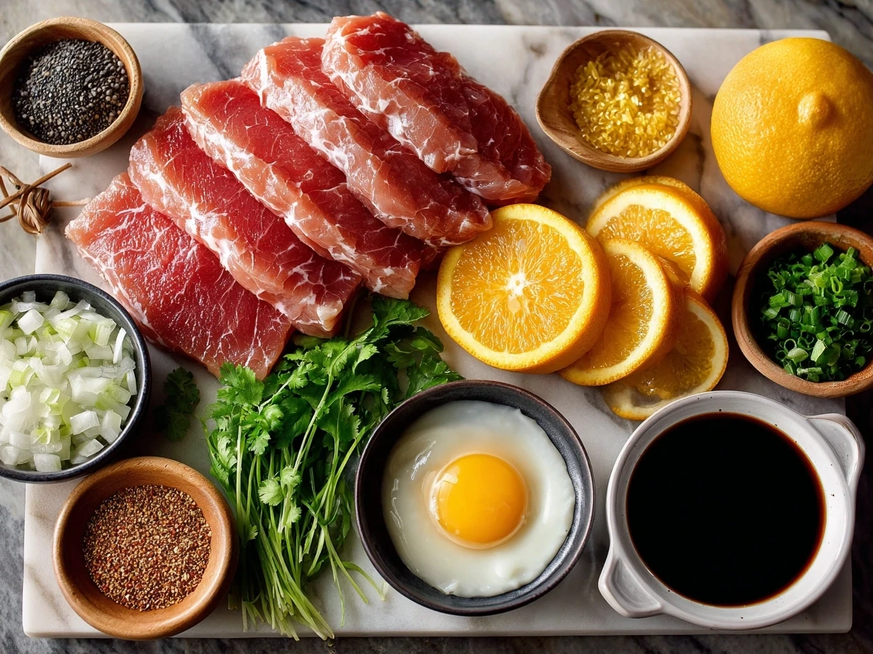 Ingredients for Turkey Medallions with Orange Teriyaki Sauce including turkey, orange juice, soy sauce, honey, ginger and garlic