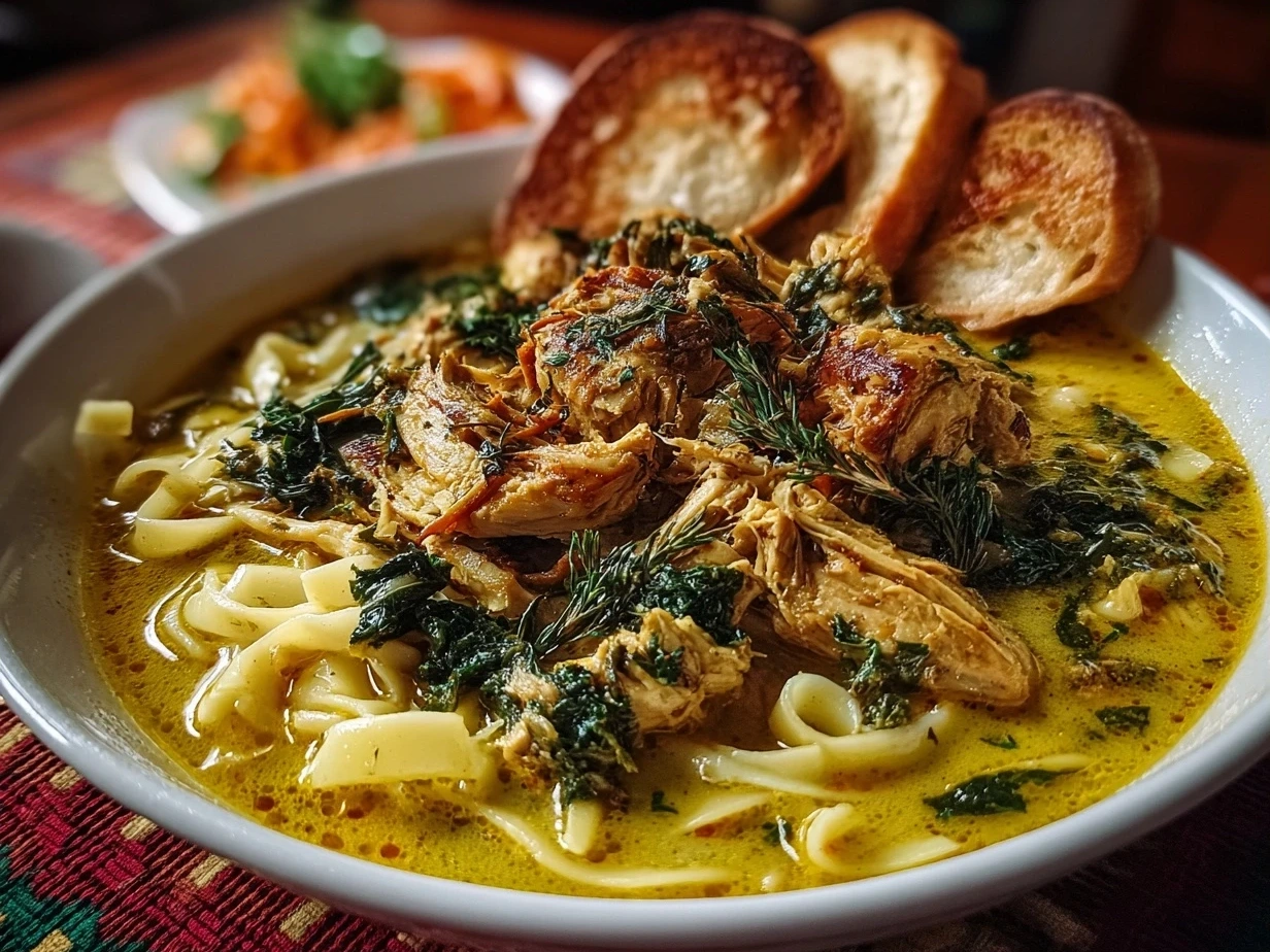 A warm bowl of Turmeric Ginger Chicken Noodle Soup garnished with fresh herbs, ready to enjoy