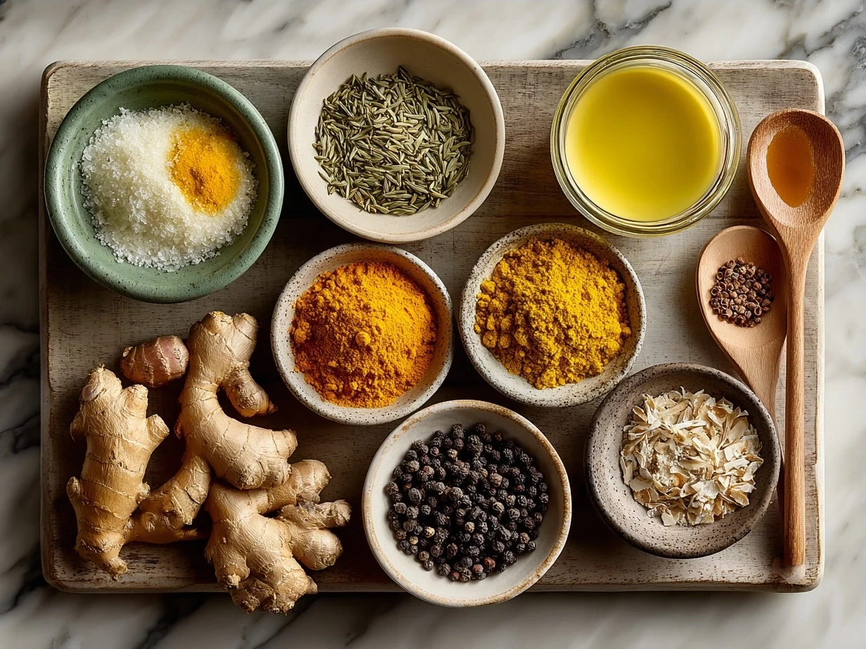 Ingredients laid out for Turmeric Ginger Chicken Noodle Soup including olive oil, onion, garlic, ginger, turmeric, chicken broth, carrots, celery, chicken, egg noodles, lemon, and herbs