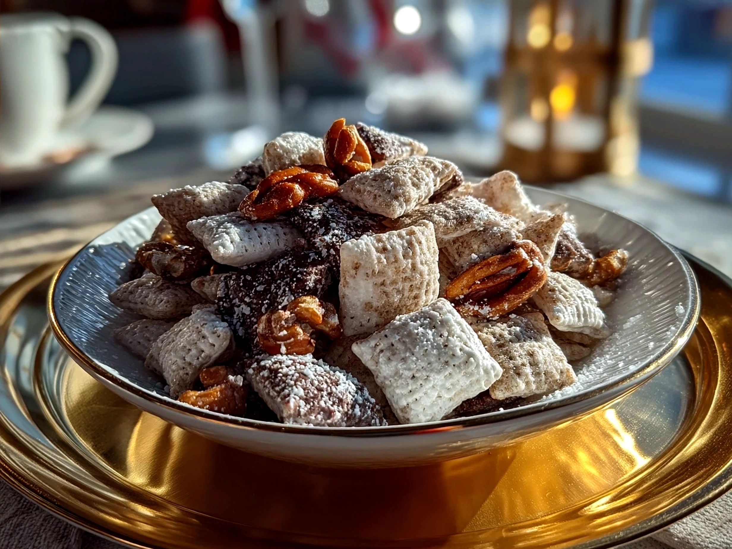 Valentines Day Muddy Buddies served in a festive bowl ready for sharing