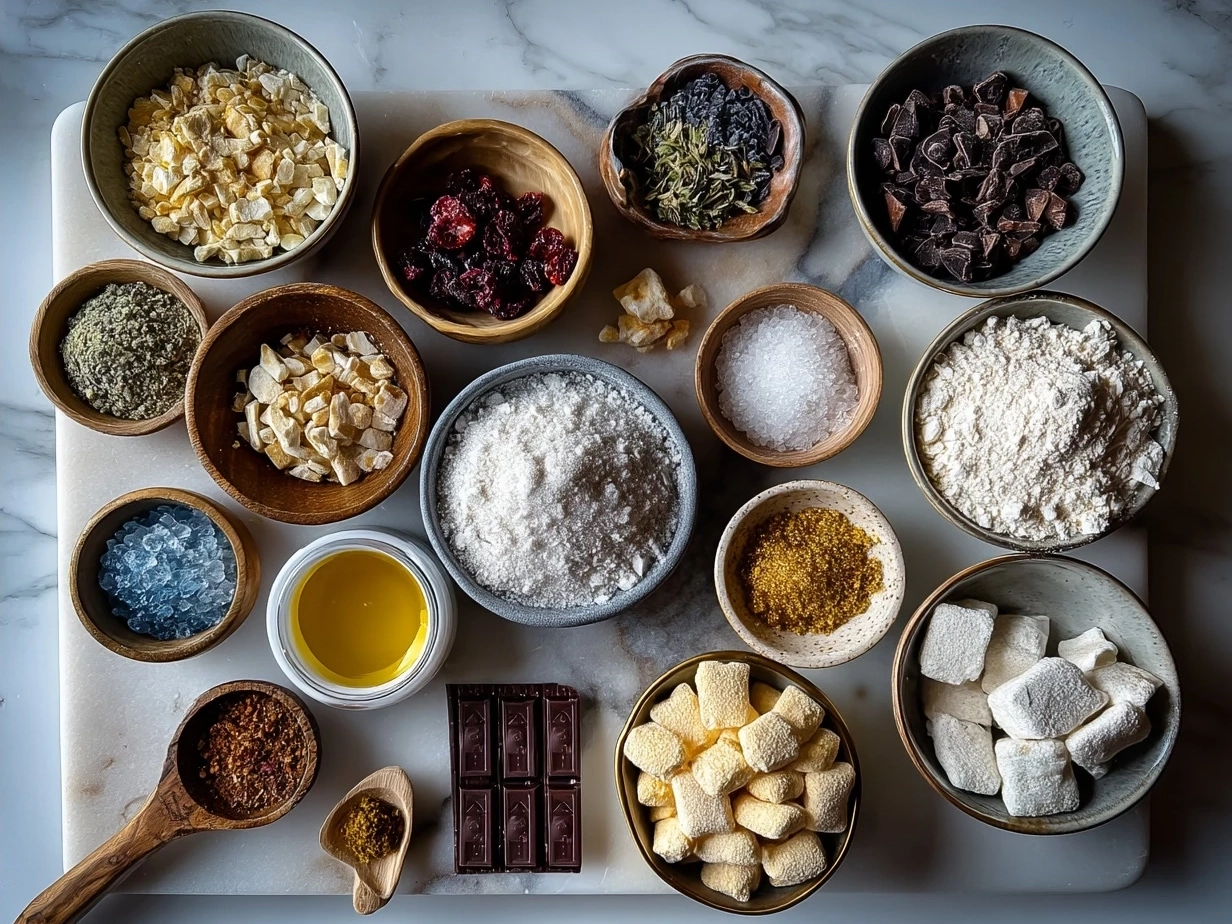 Ingredients for Valentines Day Muddy Buddies including Rice Chex cereal, chocolate chips, peanut butter, butter, vanilla extract, and powdered sugar