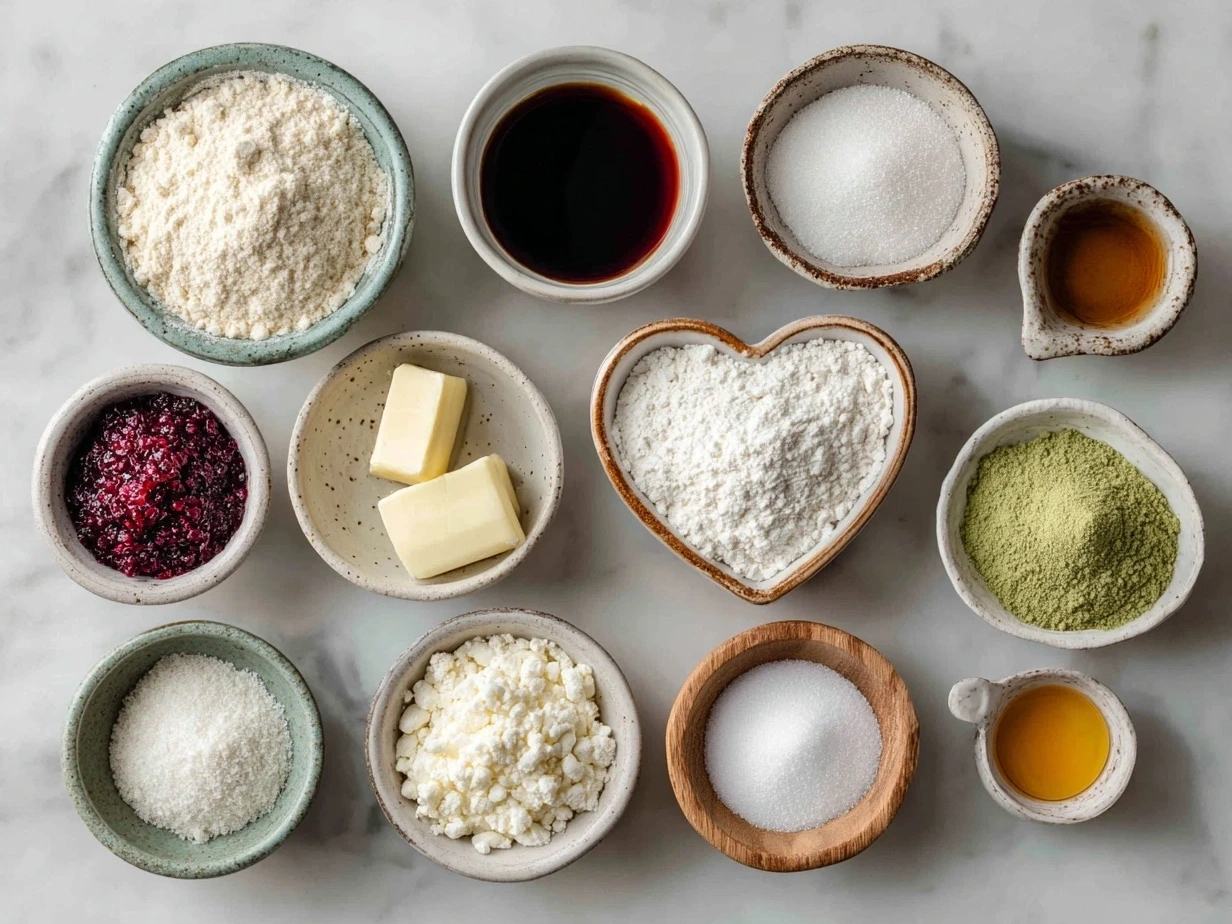 Ingredients laid out for making Valentines Mini Heart Cakes Recipe