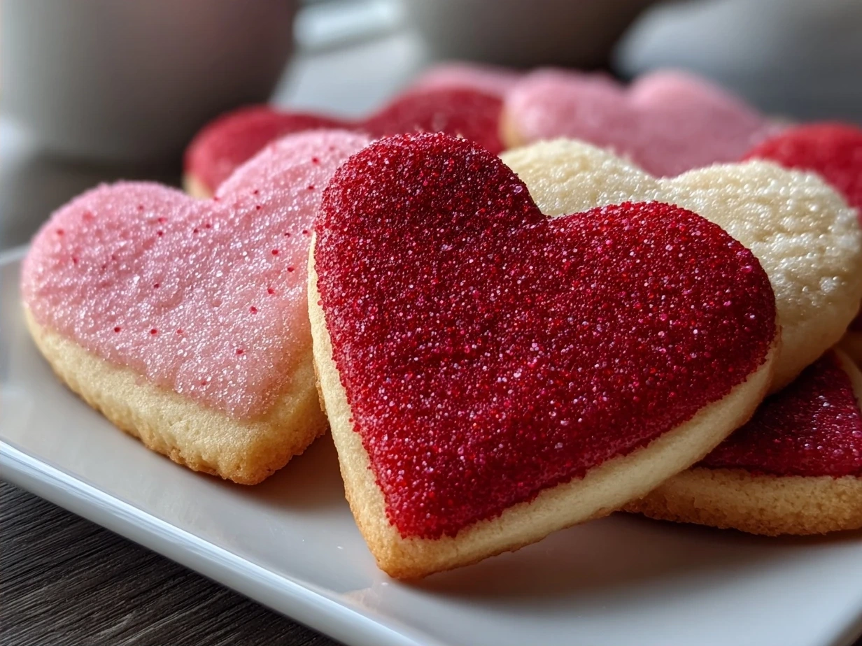 Freshly baked Valentine Sugar Cookies arranged on a plate, decorated with sprinkles