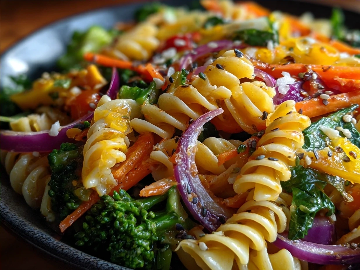 Vegan BBQ Ranch Pasta Salad served in a bowl garnished with fresh herbs and lemon wedge
