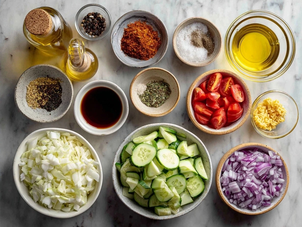 Ingredients for Vegan BBQ Ranch Pasta Salad laid out including pasta, grilled vegetables, corn, and herbs