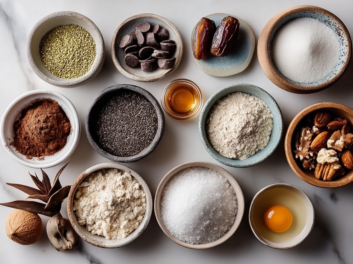 Ingredients for Vegan Brownies recipe with bowls of flour, cocoa powder, sugar, and coconut oil