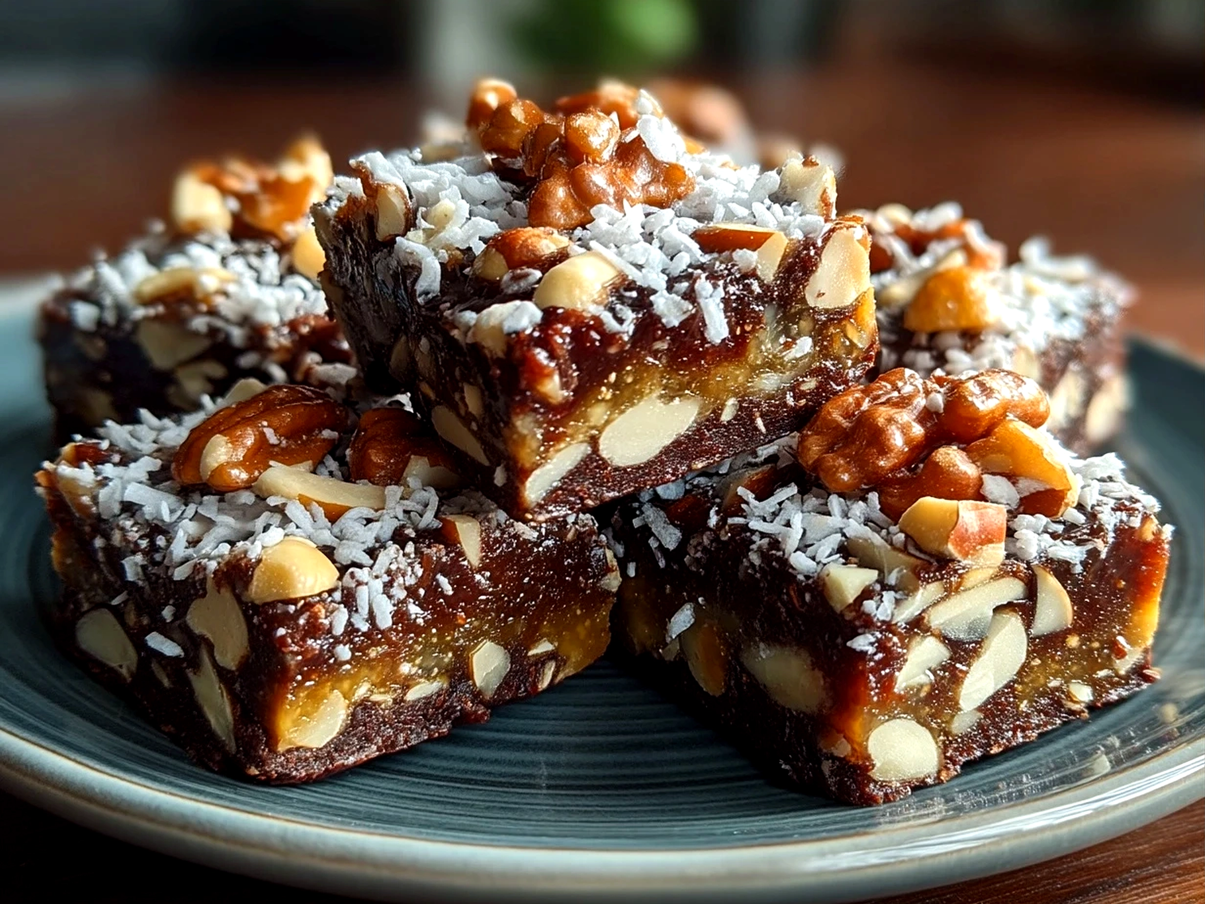 Serving Vegan No-Bake Brownies with Dates Nuts fresh from the fridge with a hot cup of tea and fresh berries on the side