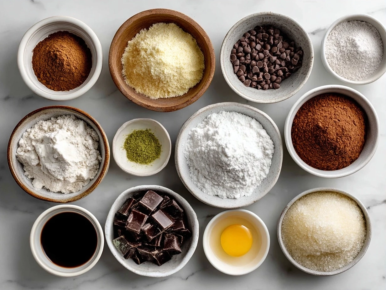 Ingredients for Vegan No-Bake Brownies with Dates Nuts: Medjool dates, raw walnuts, raw almonds, cocoa powder, vanilla, and sea salt