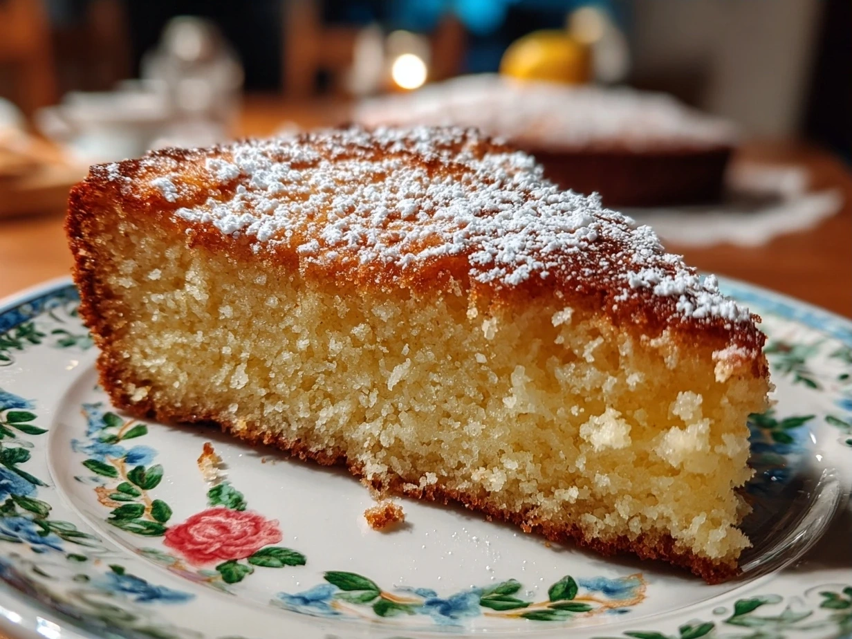 Final baked White Almond Cake on a serving plate, ready to serve