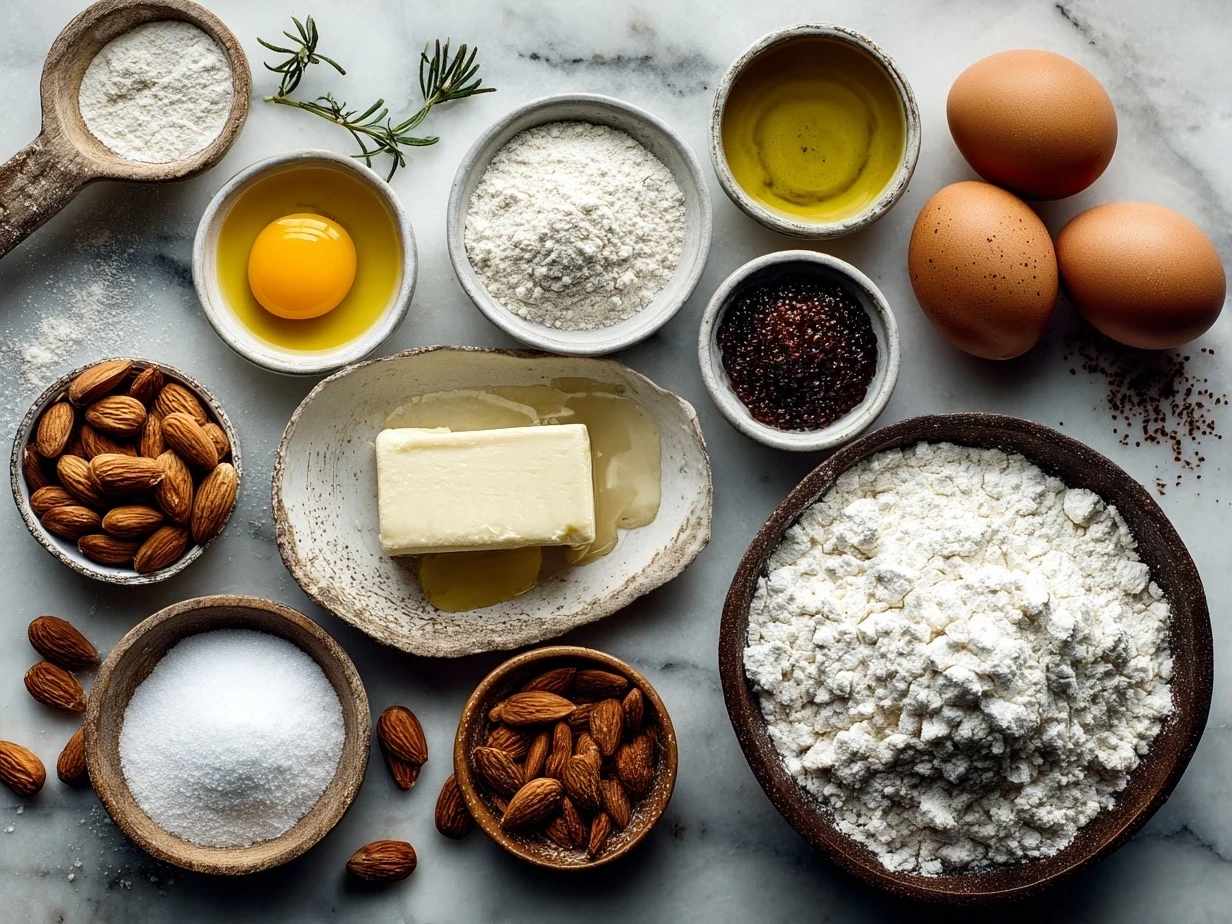 Ingredients laid out for White Almond Cake including almond flour, sugar, eggs, and spices