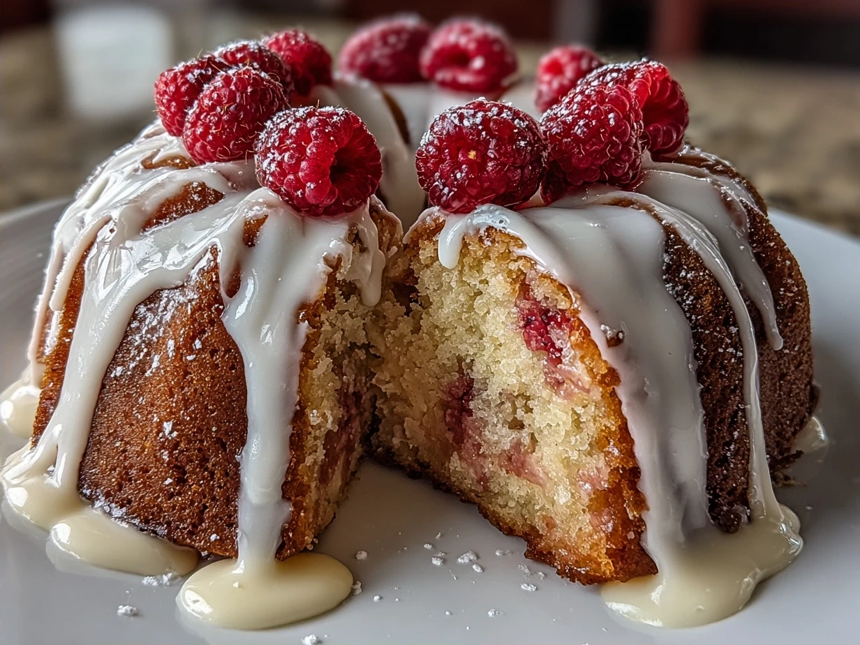 A freshly baked White Chocolate Raspberry Bundt Cake cooling on a wire rack