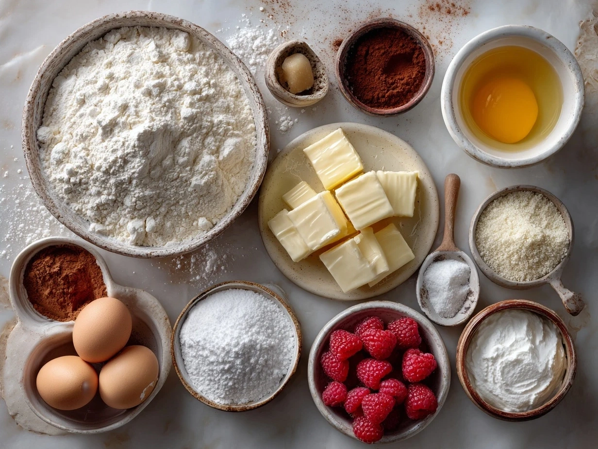 Ingredients for White Chocolate Raspberry Bundt Cake, including flour, sugar, eggs, butter, white chocolate, and fresh raspberries