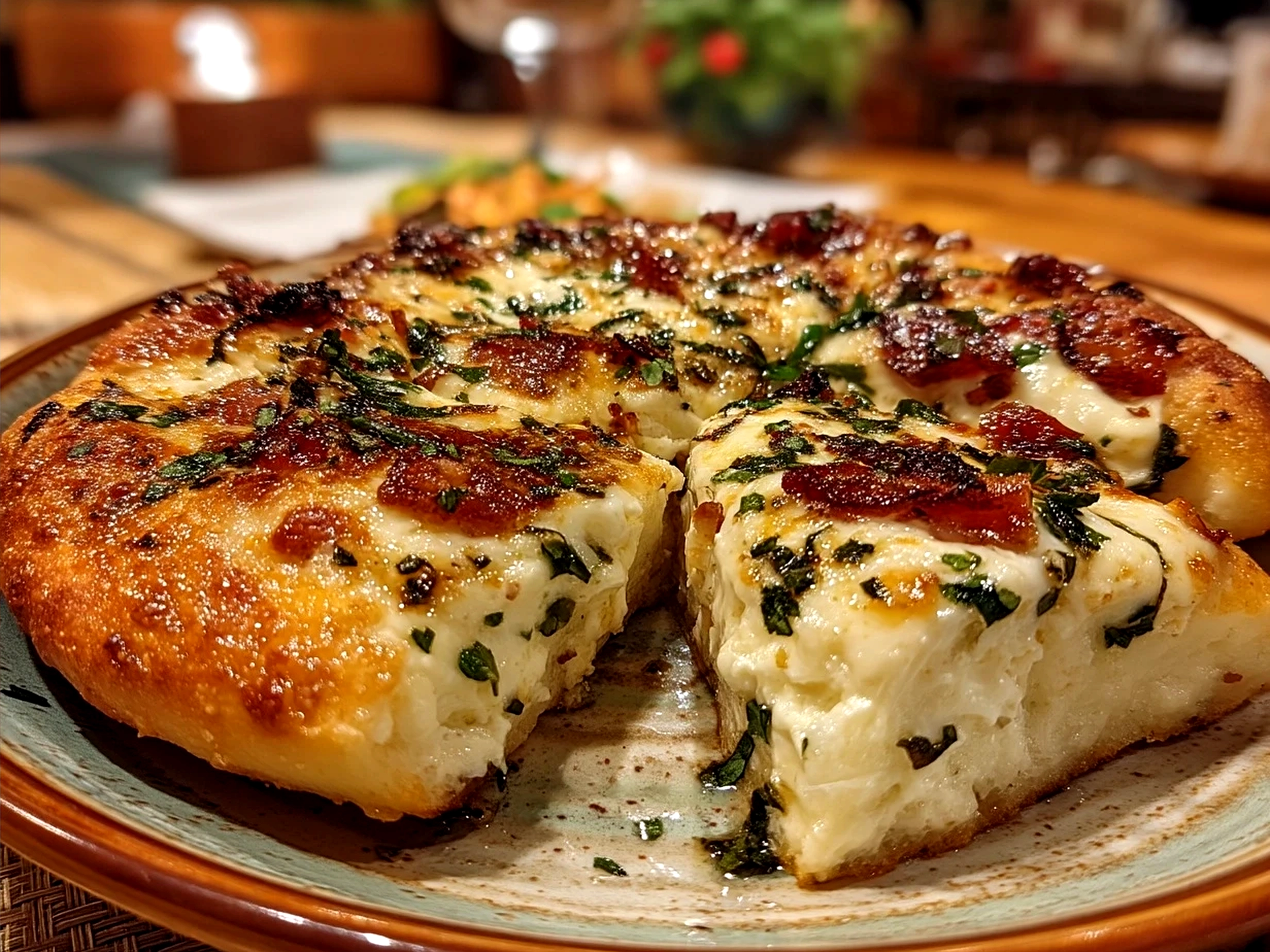 Final cooked White Pizza with crispy crust, melted cheeses, and fresh herbs garnish