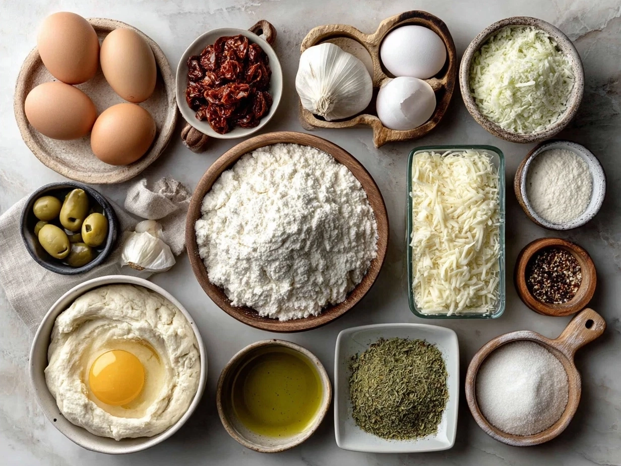 Ingredients for White Pizza including ricotta, mozzarella, dough, garlic, cream, and herbs