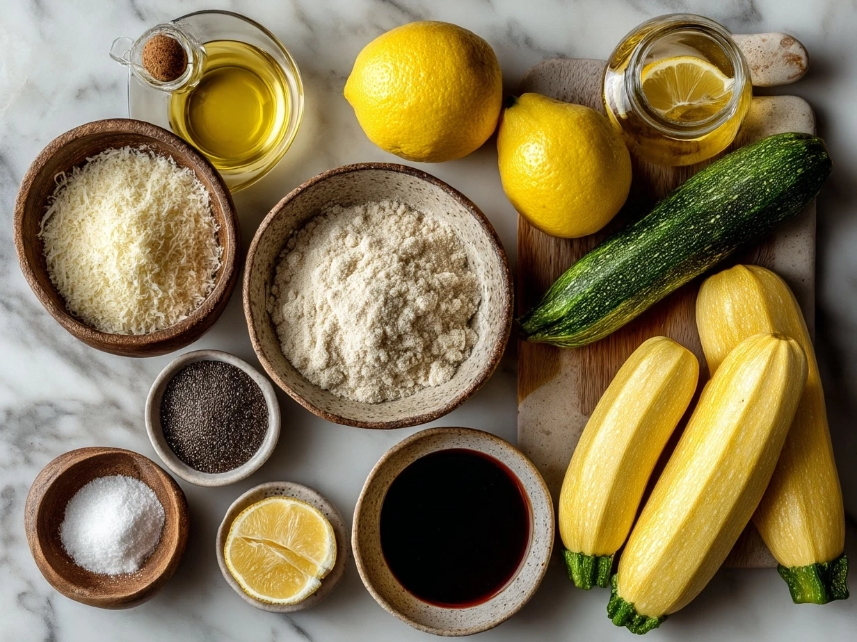 Ingredients for Yellow Squash Parmesan laid out including fresh yellow squash, grated parmesan, mozzarella, bread crumbs, garlic, and olive oil.