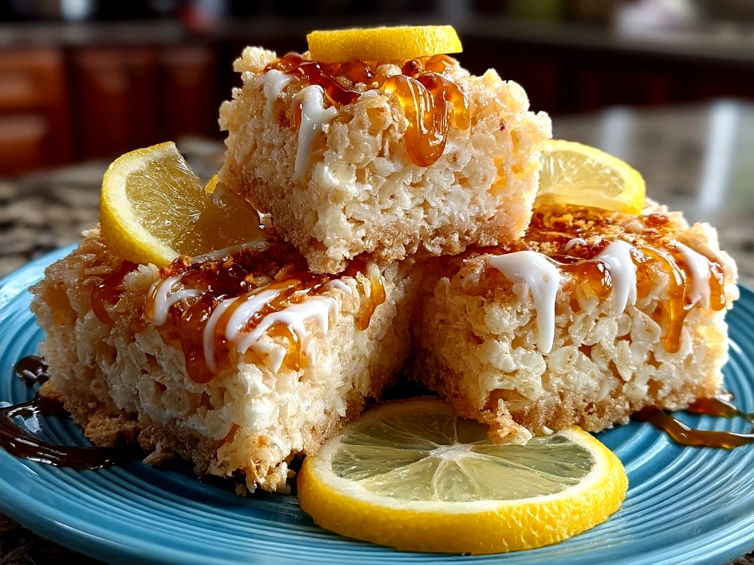 Freshly made Zesty Lemon Rice Krispie Treats served on a white plate with lemon garnishes