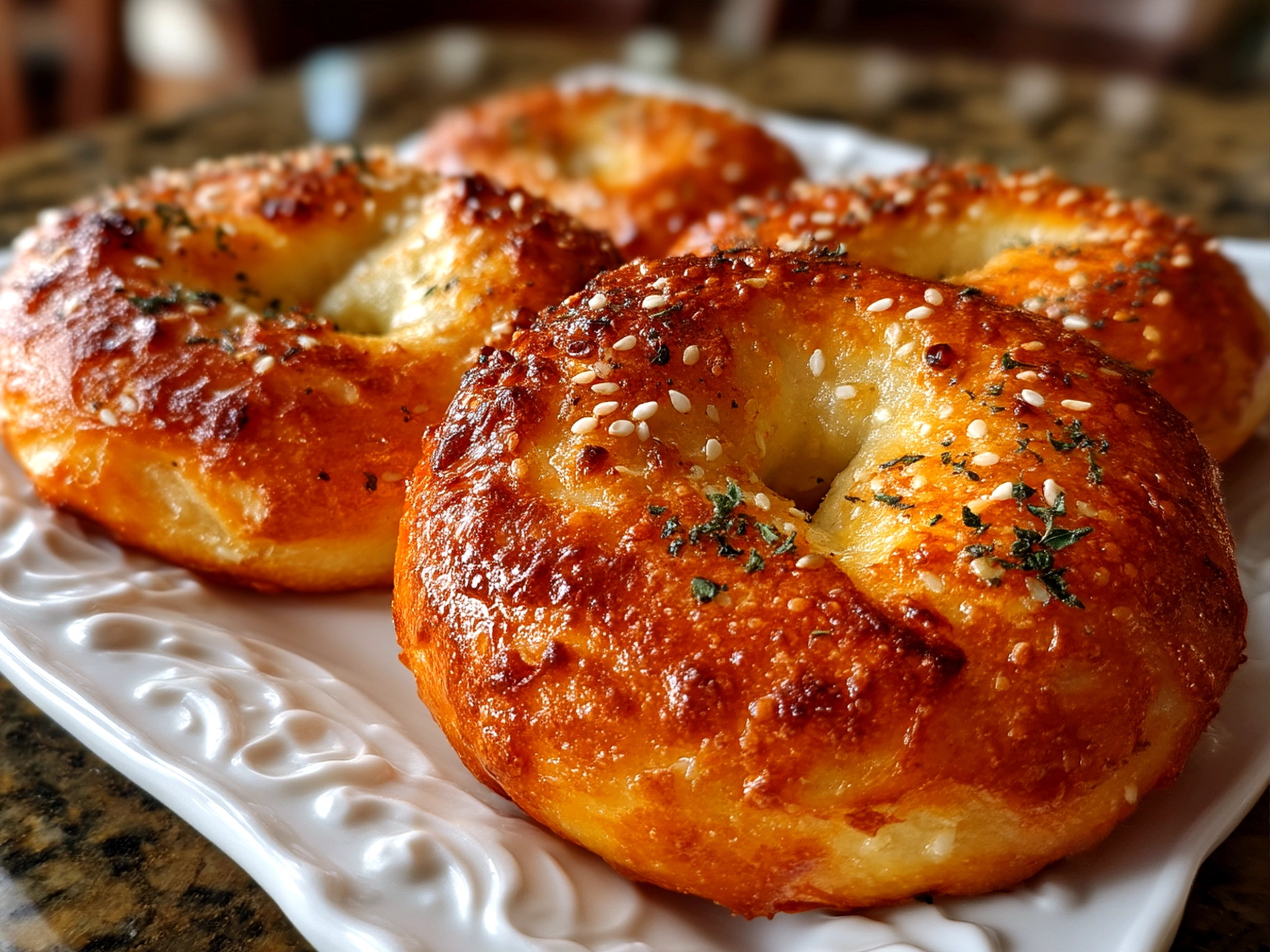 Served air fryer protein bagels with creamy almond butter and fresh fruit