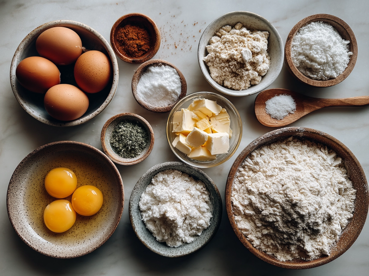 Ingredients for air fryer protein bagels including Greek yogurt, oat flour, eggs, and protein powder