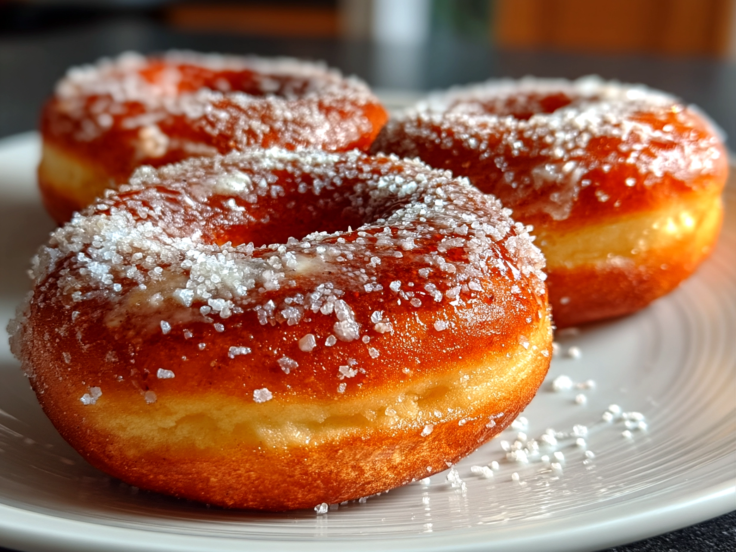 Close-up view of finished beautiful sourdough discard sugar donuts arranged on a warm wooden surface, showcasing the sugary coating and soft texture.