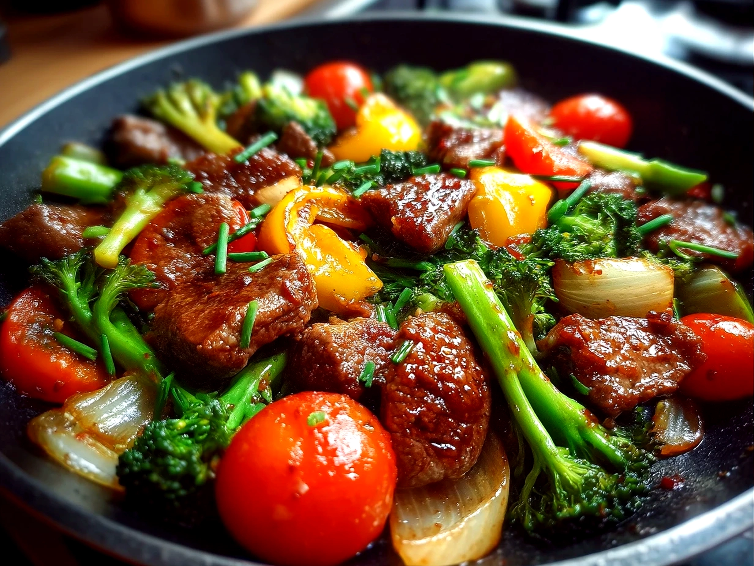 Close-up of finished delicious beef stir fry with vibrant fresh vegetables