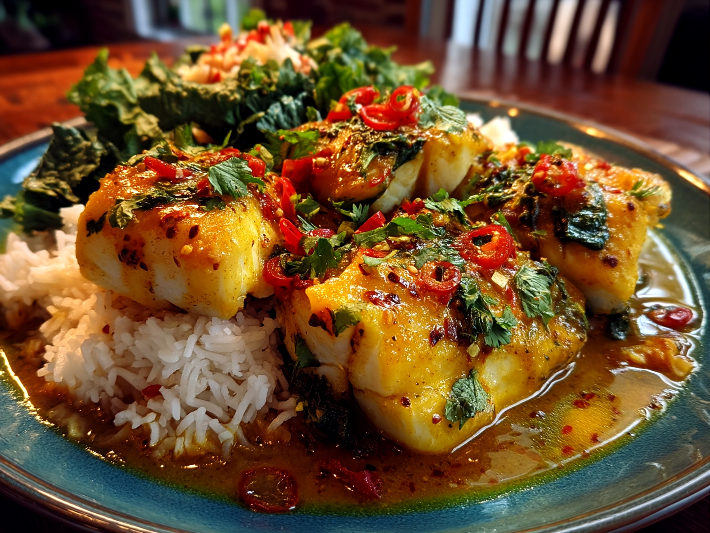 Close-up of finished comforting Coconut Curry Baked Cod served warm, garnished with cilantro, photographed in an amateur kitchen with iPhone 14 Pro.