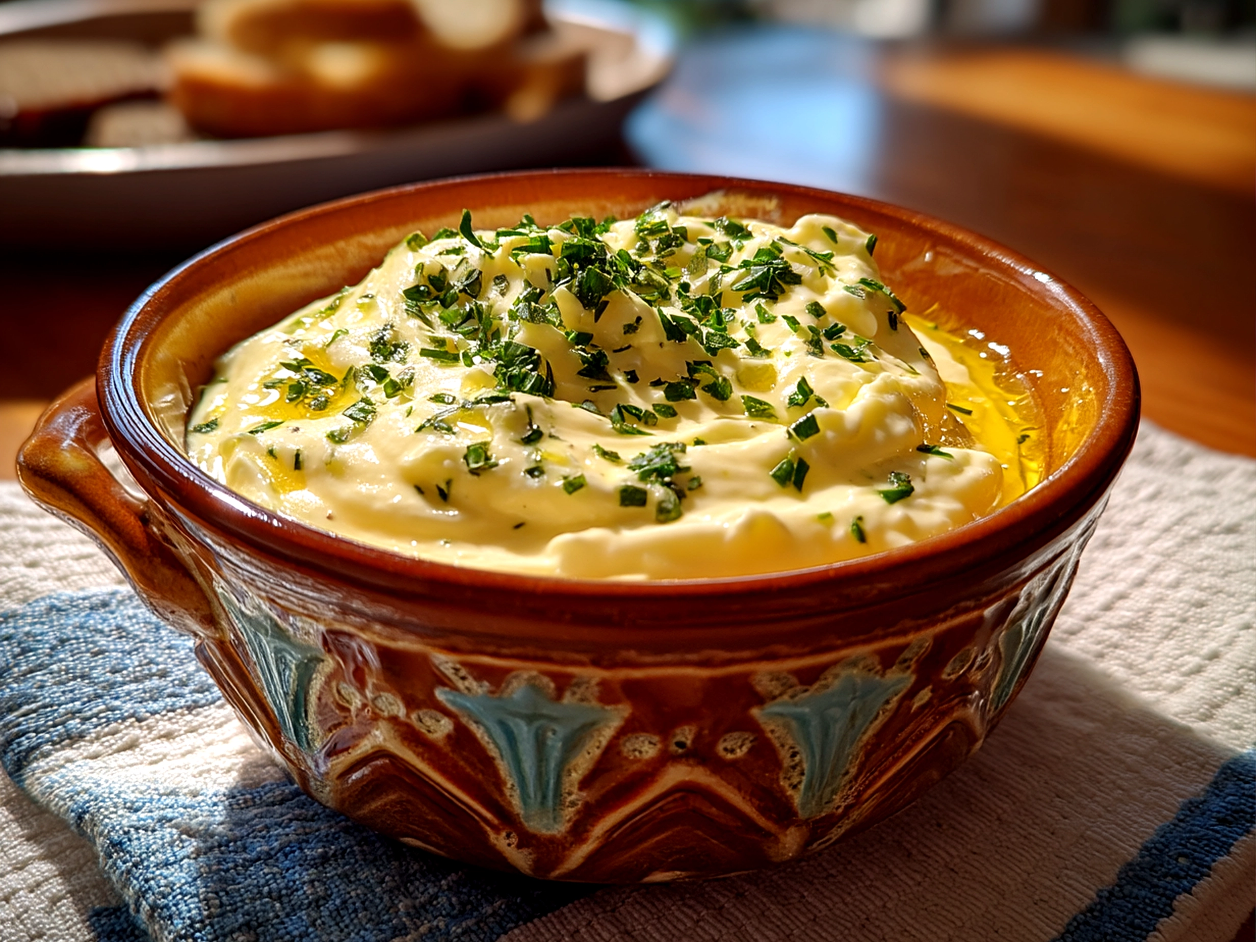 Close up of finished creamy Garlic Aioli Sauce served in a small bowl