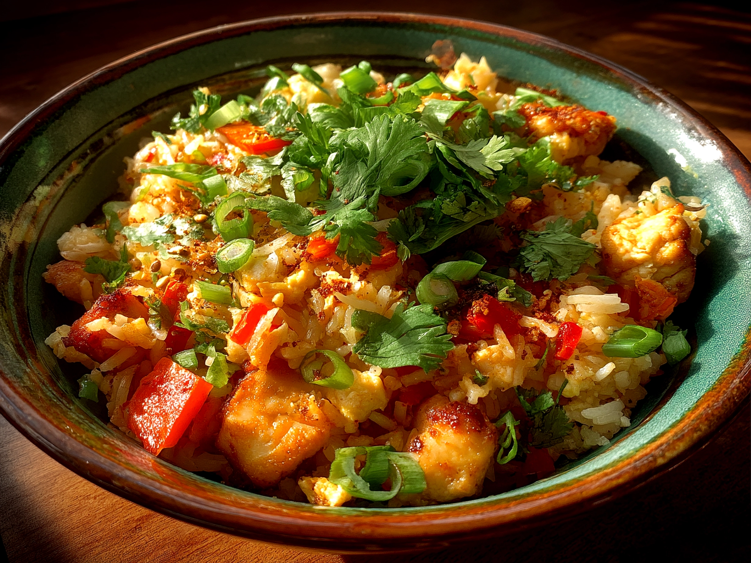 Close up of finished delicious Bang Bang Fried Rice in amateur kitchen setting
