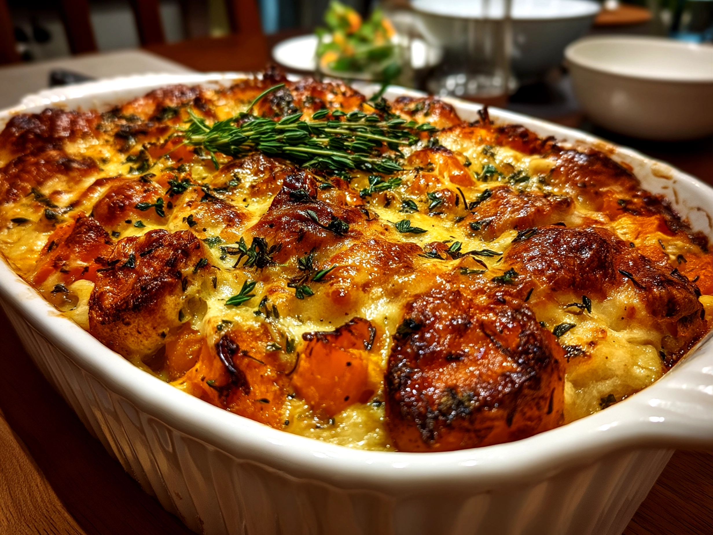 Close-up of finished chicken leek and butternut squash bake in baking dish, hearty and comforting