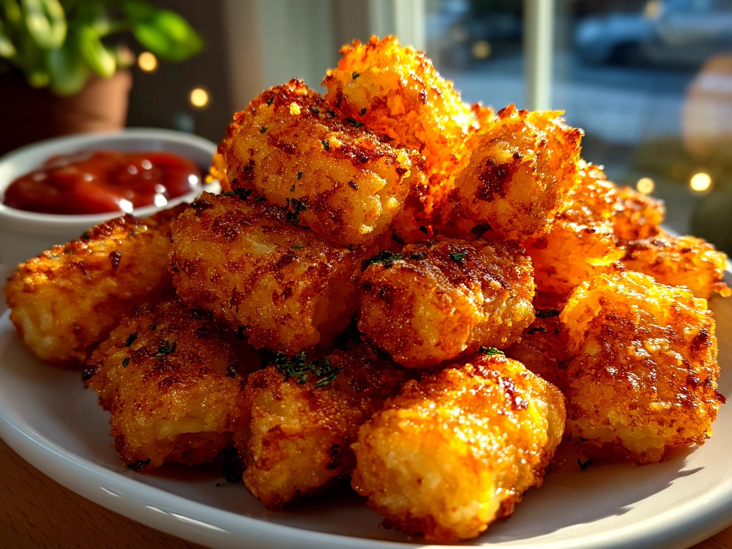 Close-up of freshly cooked comfortingly crispy tater tots served in a casual kitchen setting