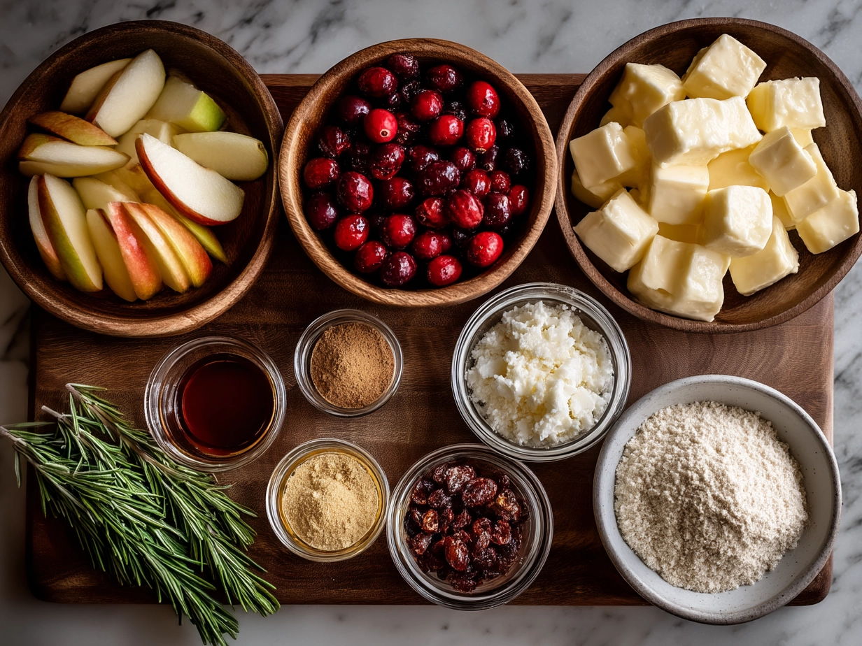 Ingredients for Apple and Cranberry Grilled Cheese including bread, shredded cheddar, cranberry sauce, apple slices, and butter