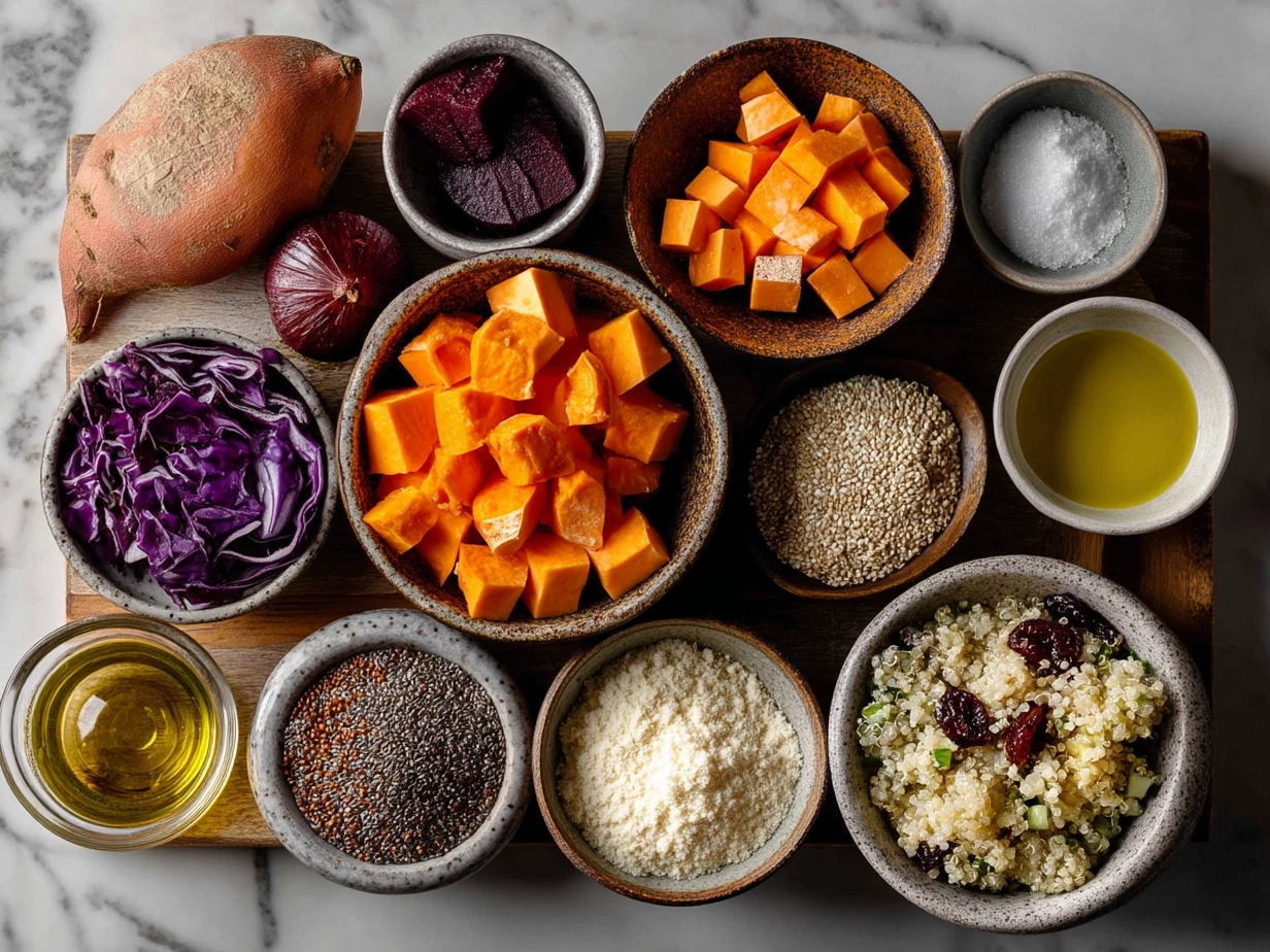 Ingredients laid out for Apple Sweet Potato Quinoa Salad