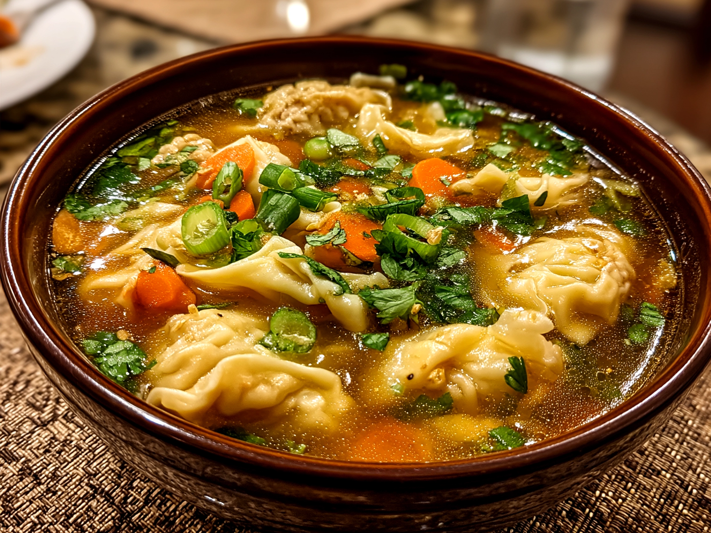 Served Asian Wonton Soup with Fragrant Broth and Fresh Vegetables in bowls ready to eat