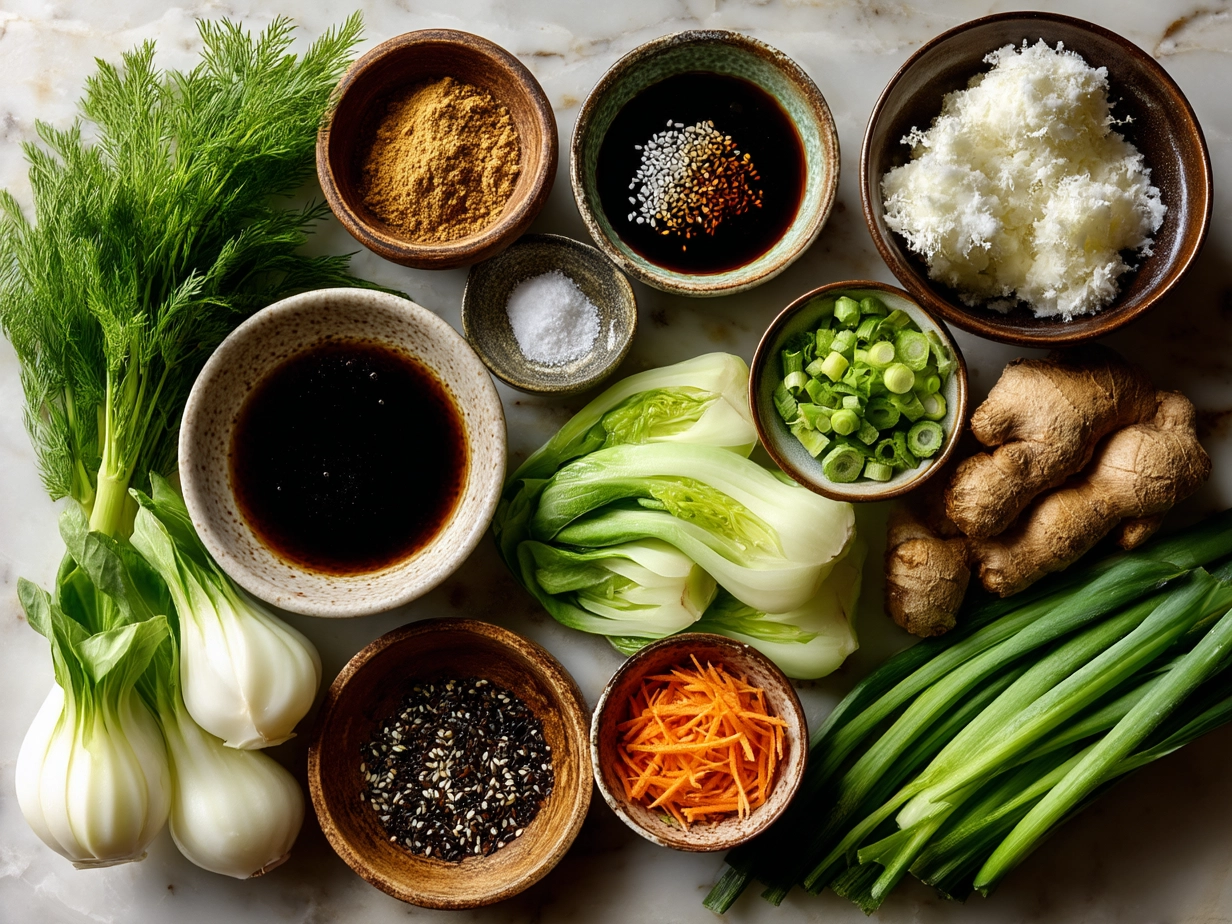 Ingredients for Asian Wonton Soup with Fragrant Broth and Fresh Vegetables