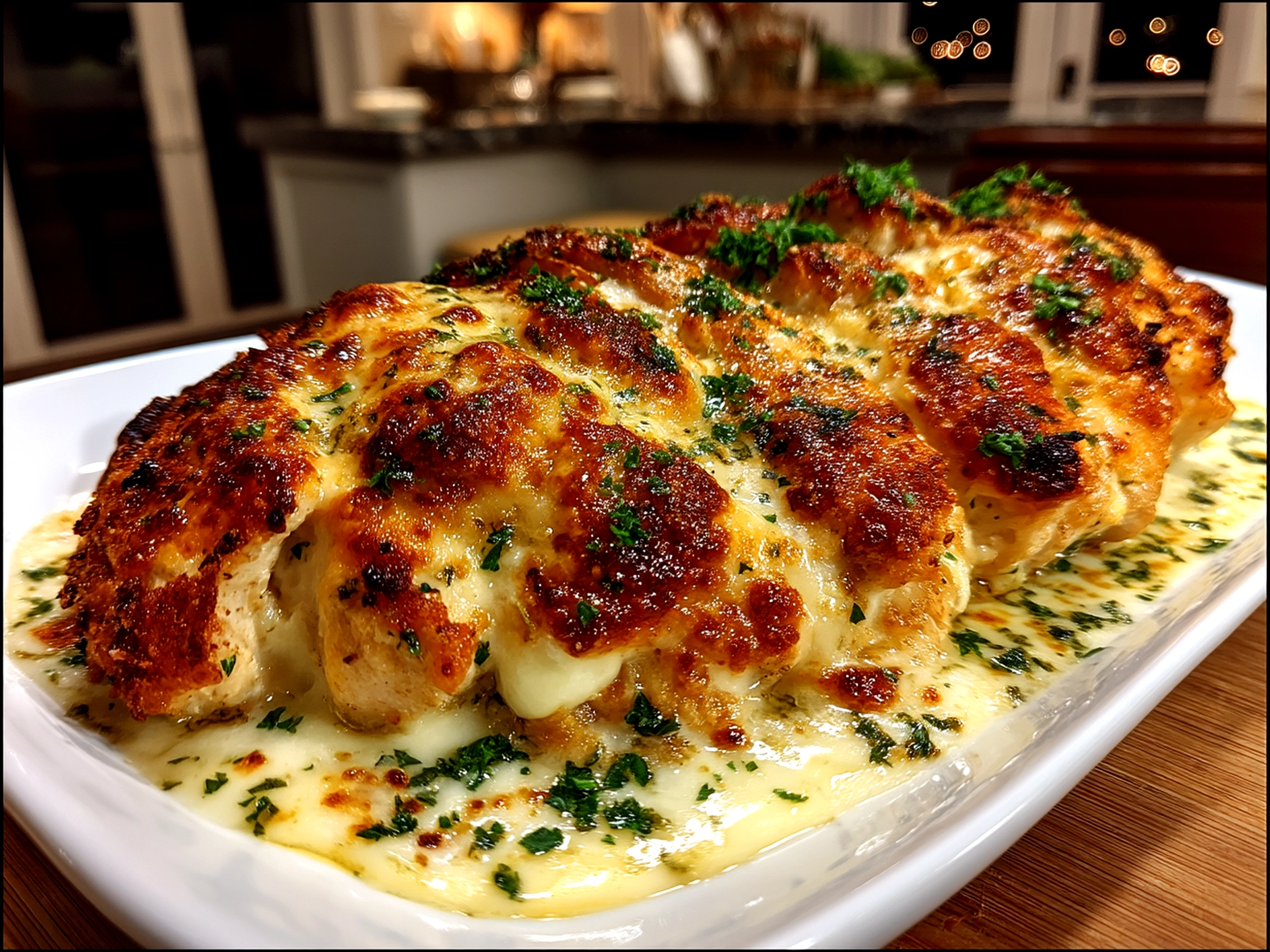 Served Baked Caesar Chicken with Creamy Parmesan Sauce garnished with fresh parsley