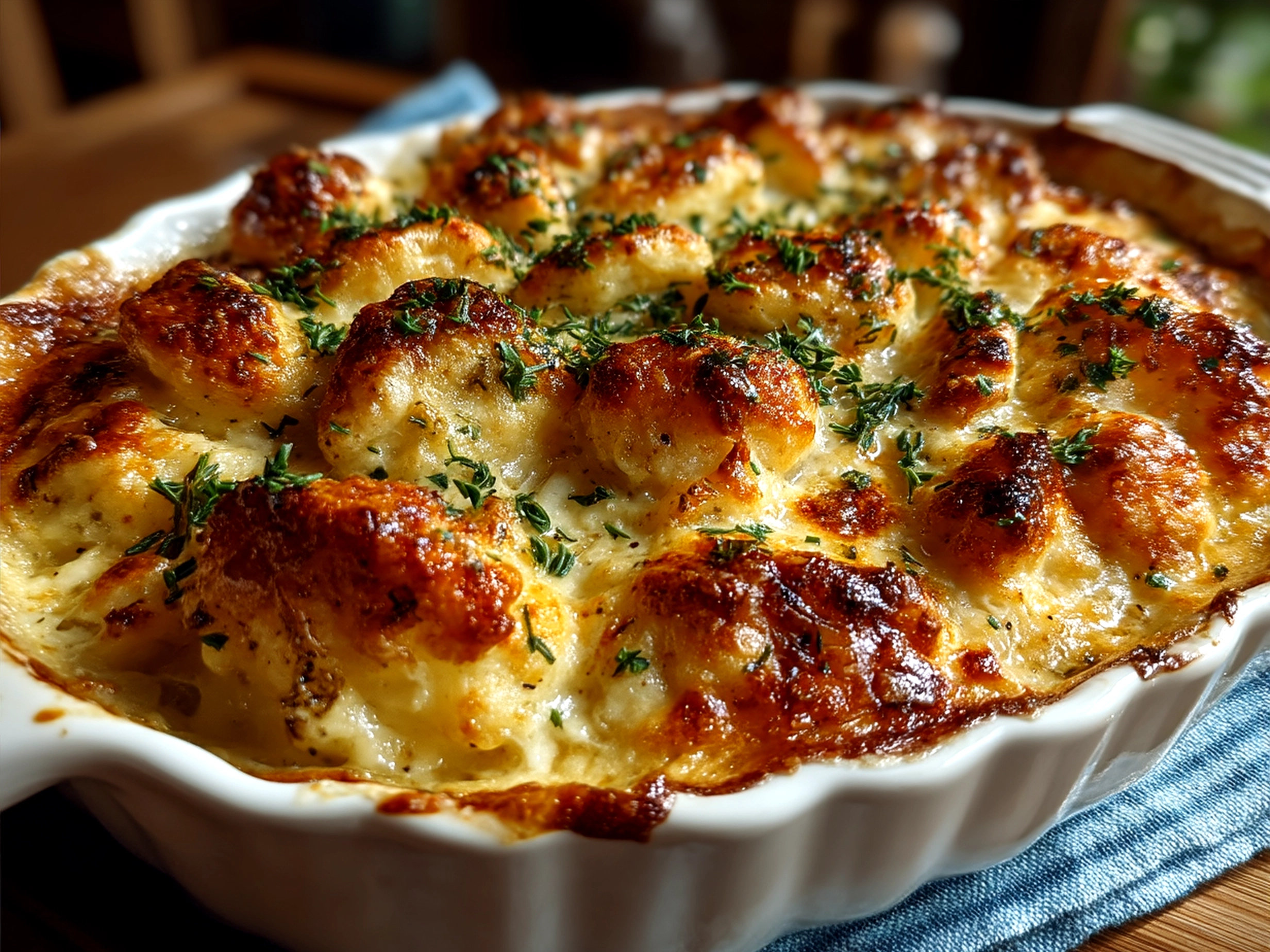 Baked Cheesy Dumpling Casserole served on a plate ready to eat