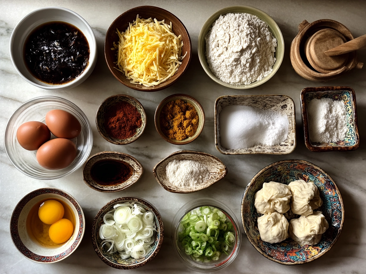 Ingredients for Baked Cheesy Dumpling Casserole laid out on a countertop