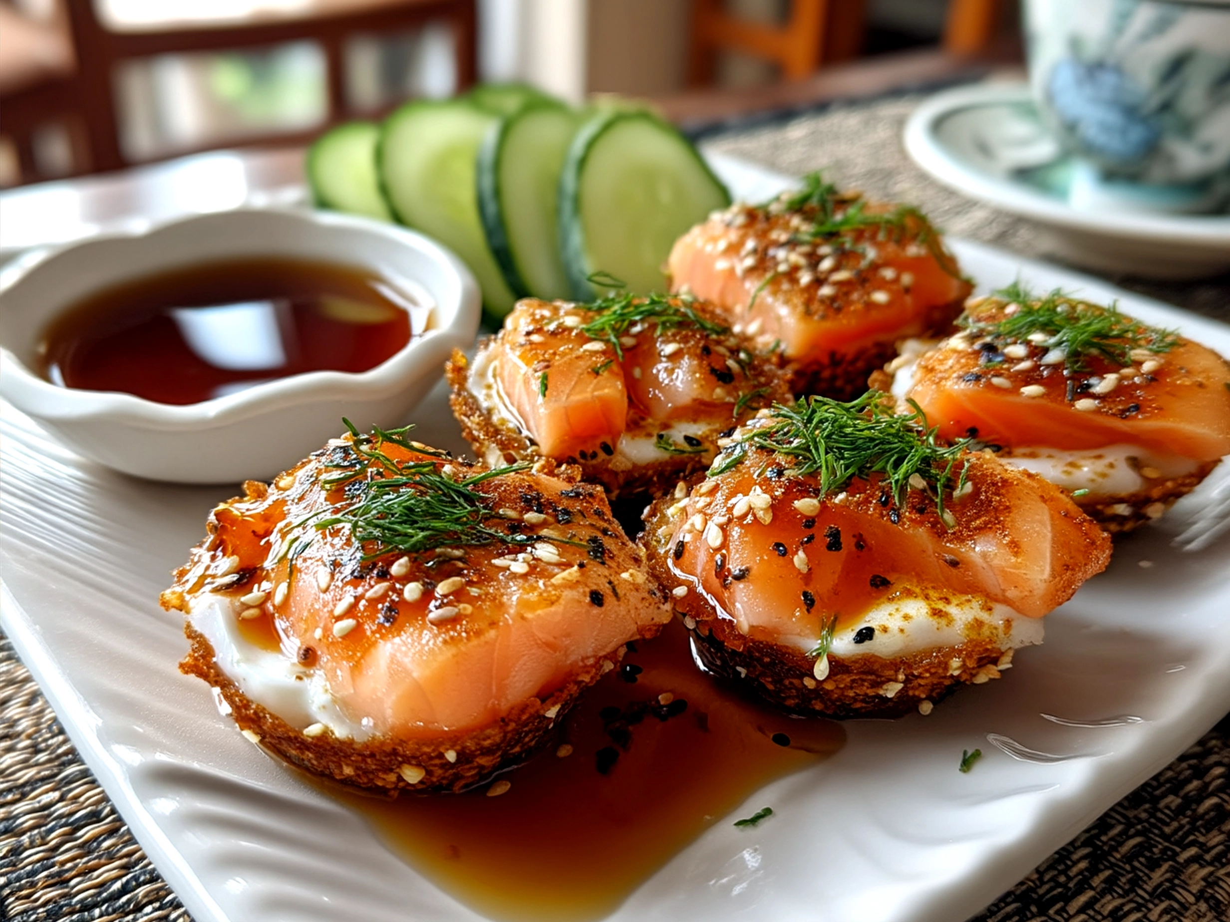 Plated Baked Salmon Sushi Cups served with garnishes, perfect finger food for family meals or parties