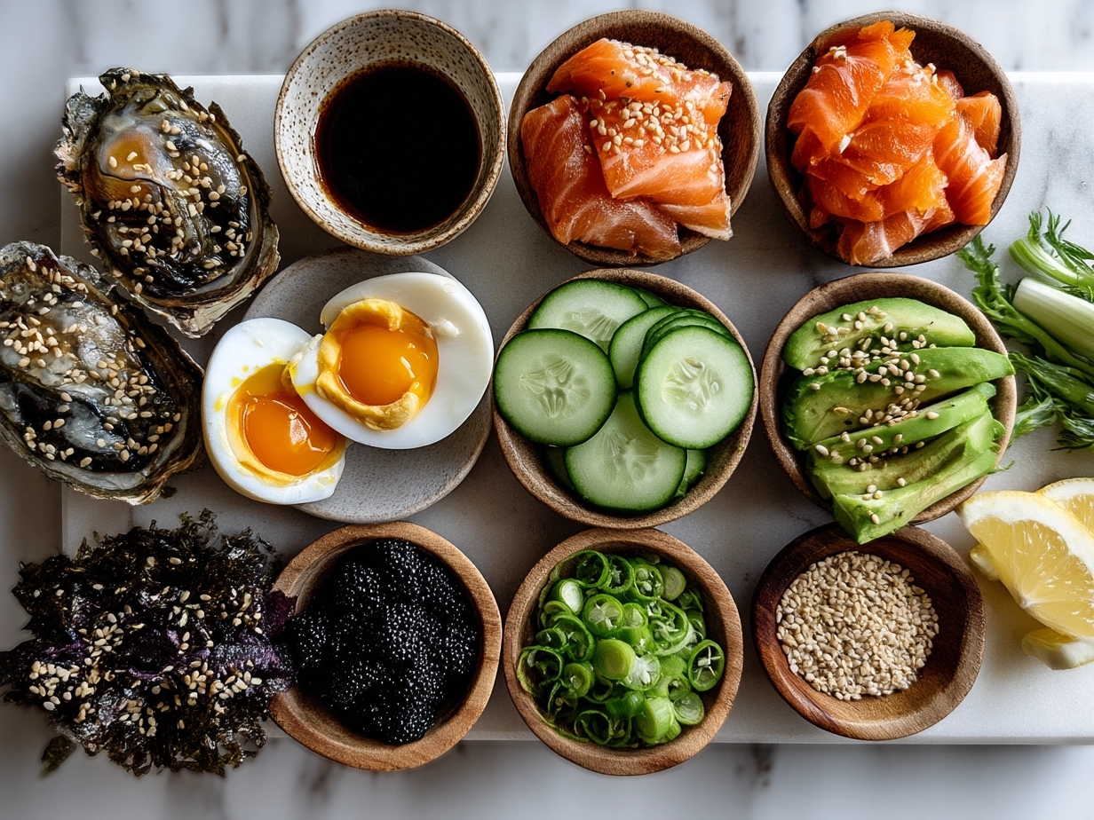 Ingredients for Baked Salmon Sushi Cups including sushi rice, salmon, cucumber, avocado, nori seaweed, and seasonings