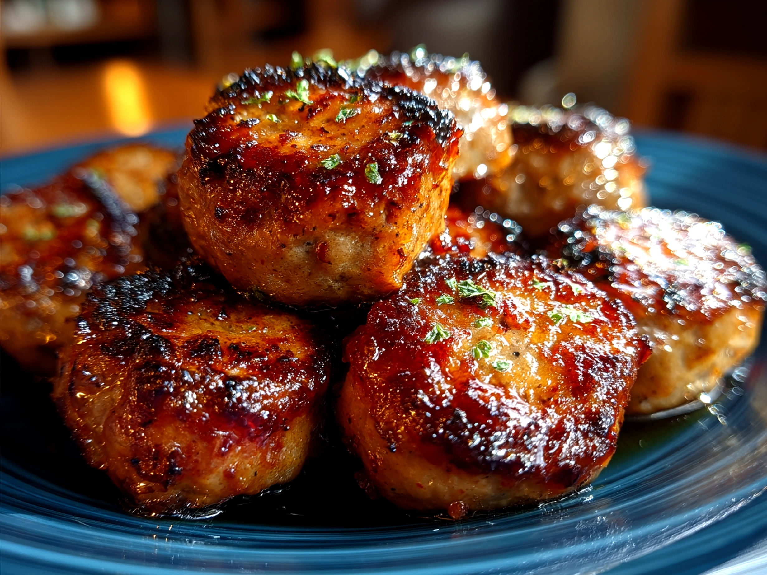Served BBQ sausage bites on skewers with fresh herbs garnish